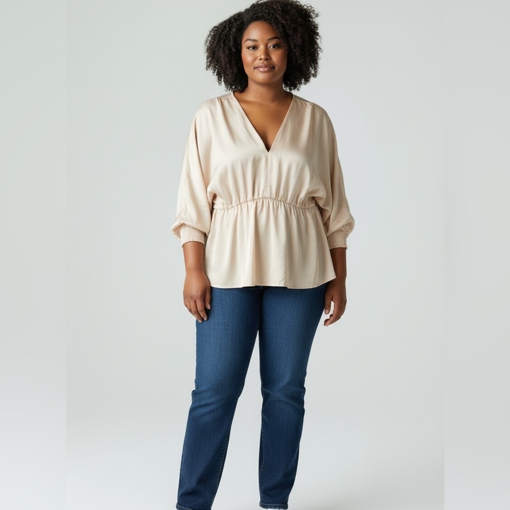 She + Sky Cream V-Neck Blouse